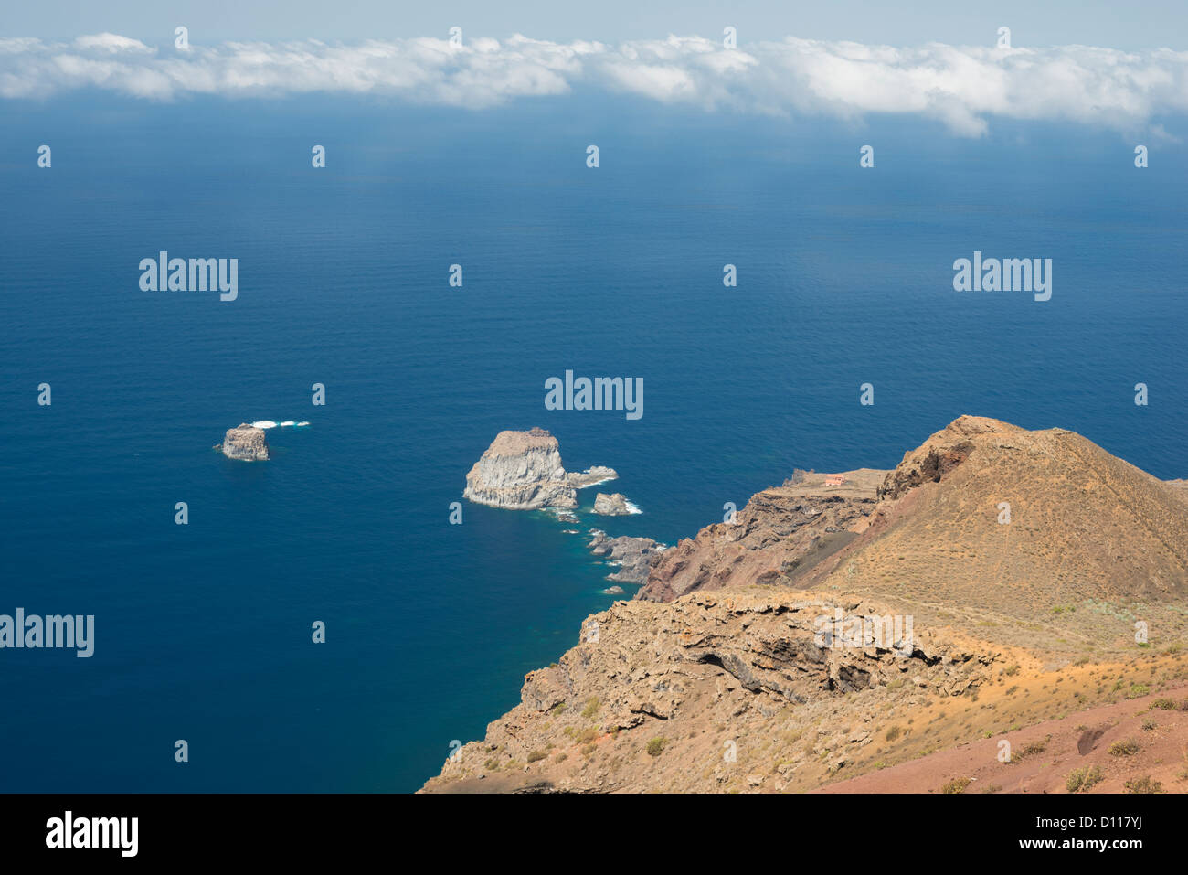 View from Mirador de la Pena on the cliff-top of the El Golfo embayment over the Roques de Salmor, El Hierro, Canary Islands Stock Photo