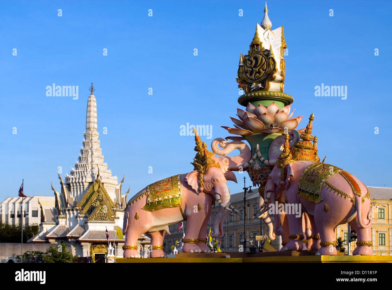 White elephant monument displayed to honour of the Thai King Bhumibol Adulyadej 84th birthday celebration, Bangkok, Thailand Stock Photo