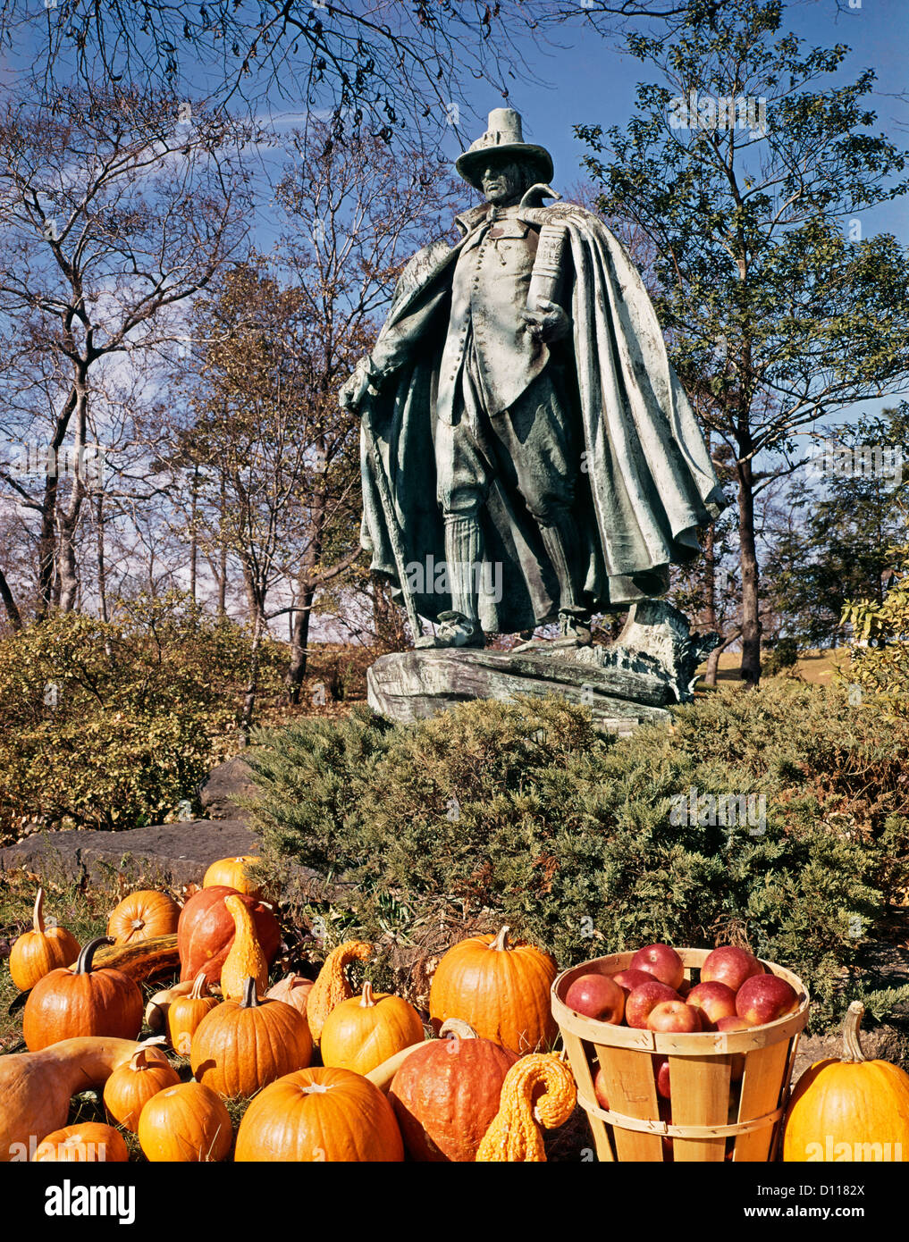 STATUE OF THE PILGRIM BY AUGUSTUS ST. GAUDENS WITH DISPLAY OF AUTUMN