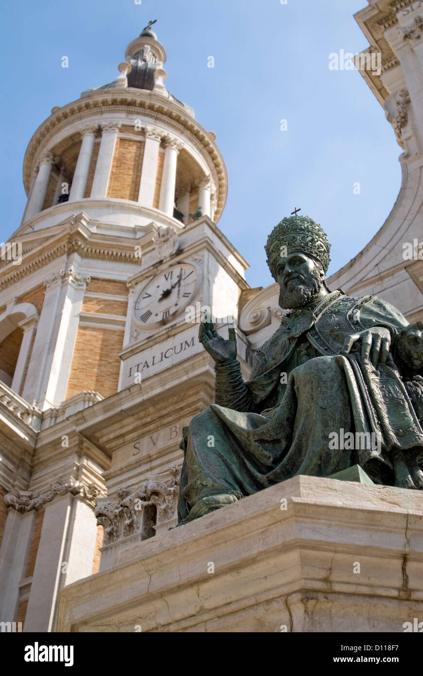 Statue of Pope Sixtus V in front Basilica della Casa Santa, Loreto, Italy Stock Photo