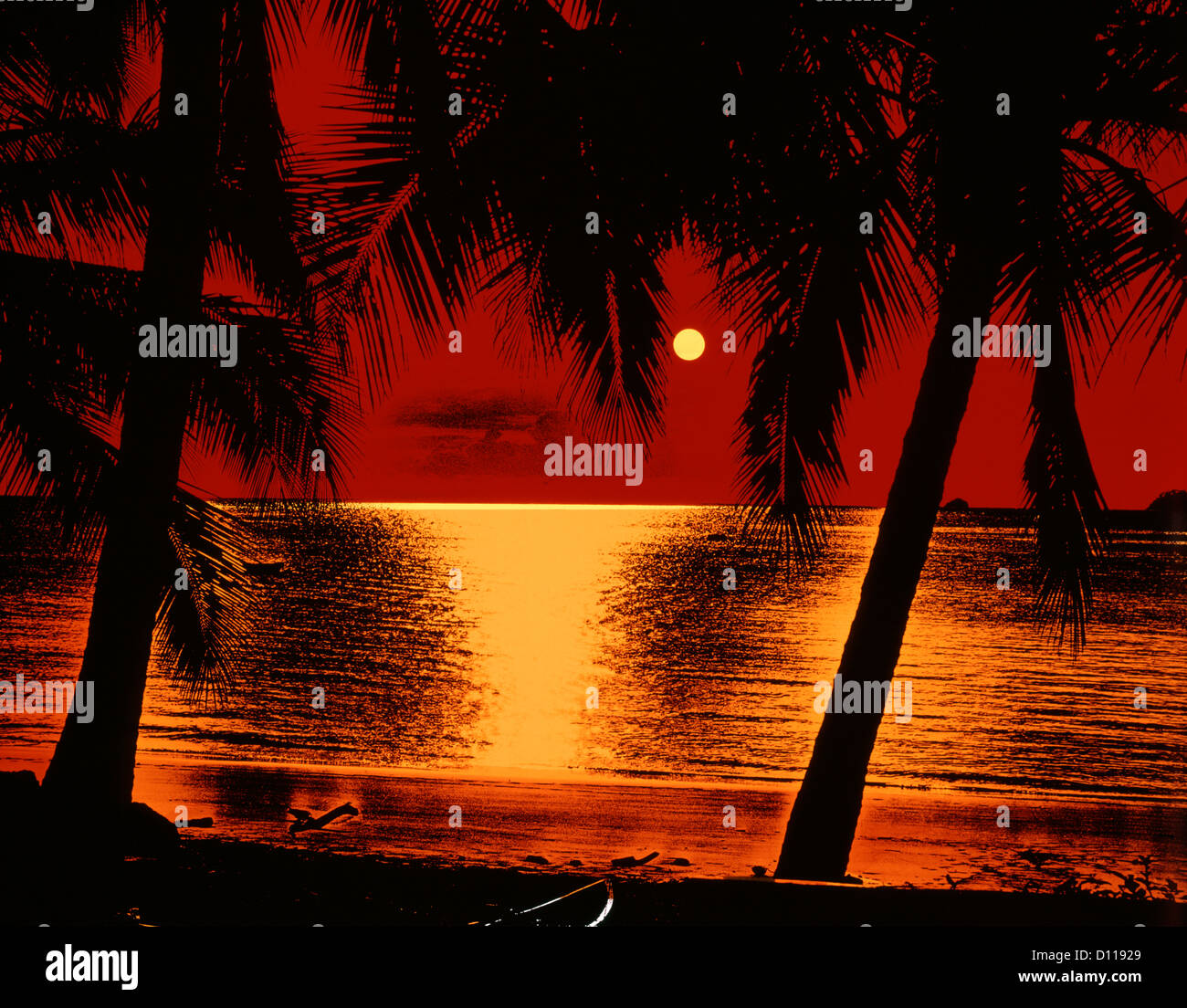 1960s 1970s RED YELLOW POSTERIZED SUNSET SILHOUETTED PALM TREES TROPICAL BEACH Stock Photo