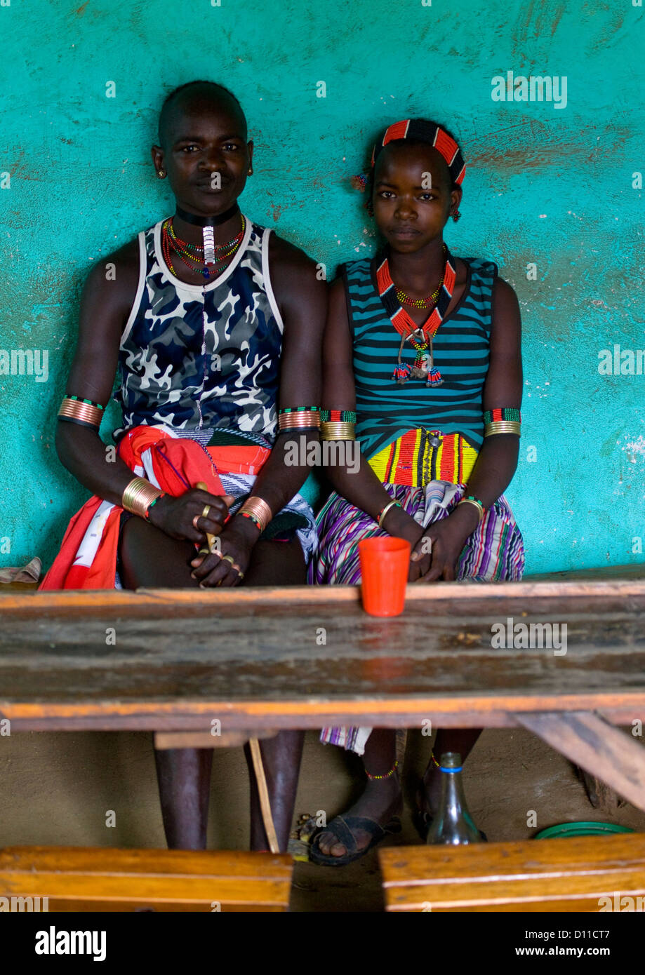 Portrait Of A Young Couple From Hamar Tribe In A Bar, Turmi, Omo Valley, Ethiopia Stock Photo