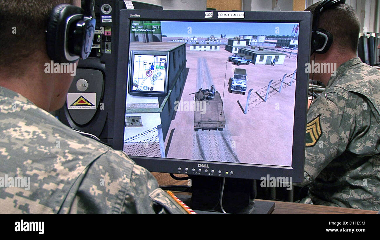 Soldiers learn communication and decision-making skills during virtual missions at the Grafenwoehr Training Area September 27, 2010 in Bavaria, Germany. Stock Photo