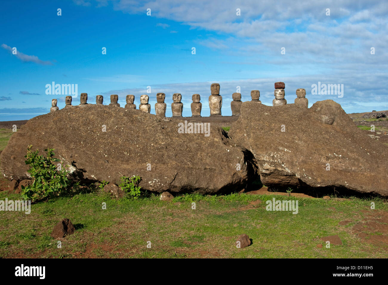 Easter Island stone statues moai at ahu Tongariki with large group