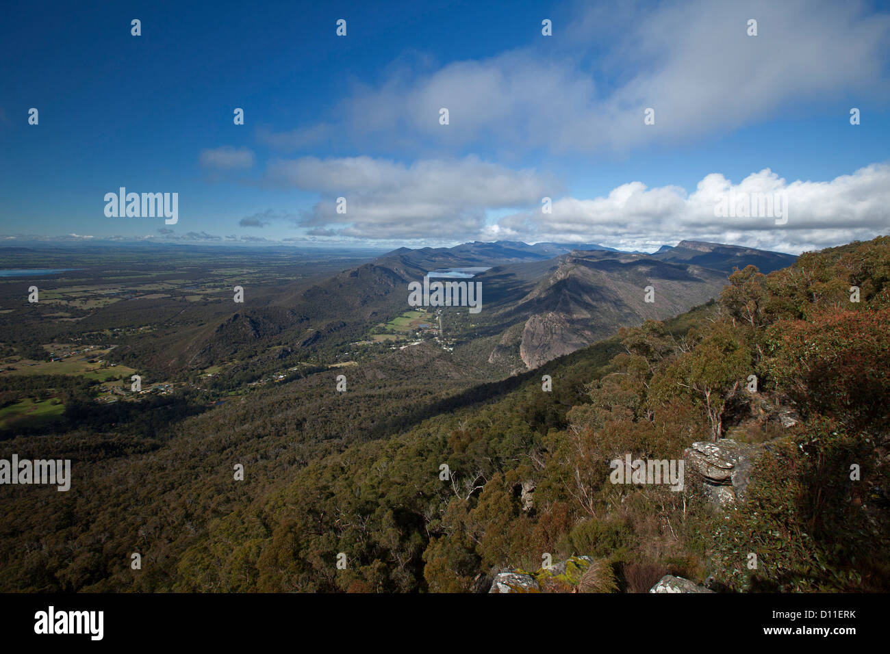 View of vast landscape of valleys and mountain ranges of Grampians National Park from Boroka lookout in Victoria Australia Stock Photo