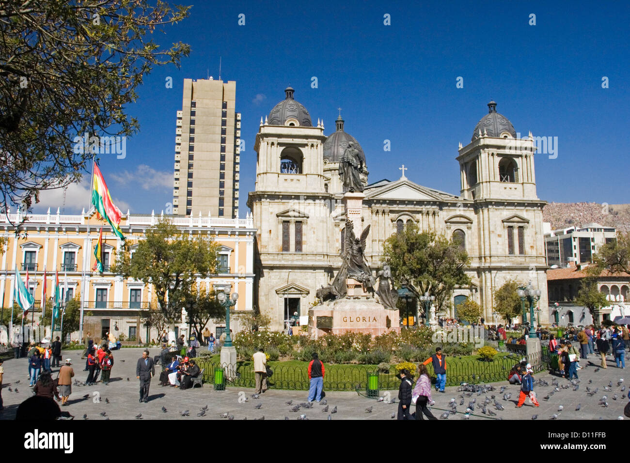 Plaza Murillo,the cathedral, and government palace - Palacio Quemado - in the city of La Paz, Bolivia, South America Stock Photo