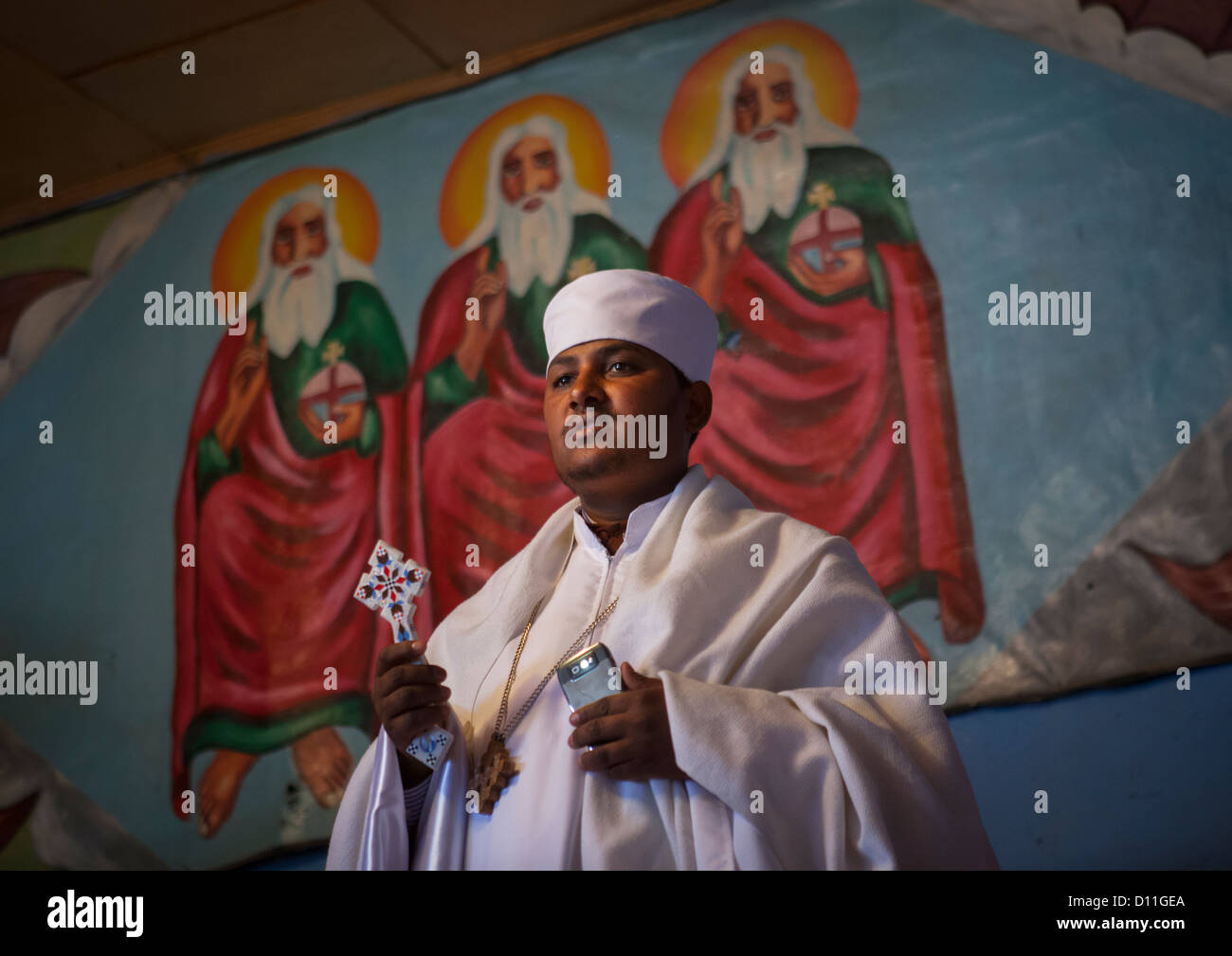 Priest Singing During An Ethiopian Wedding In An Orthodox Church, Zway, Ethiopia Stock Photo