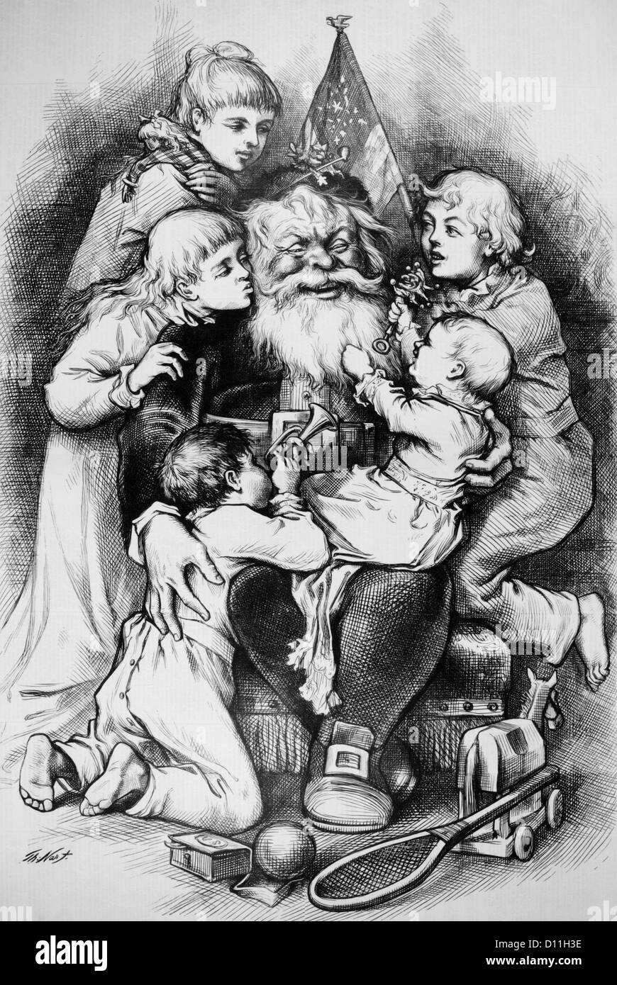 1870s 1879 THOMAS NAST ILLUSTRATION MERRY CHRISTMAS SANTA CLAUS SURROUNDED BY FIVE CHILDREN WITH CHRISTMAS GIFTS TOYS Stock Photo