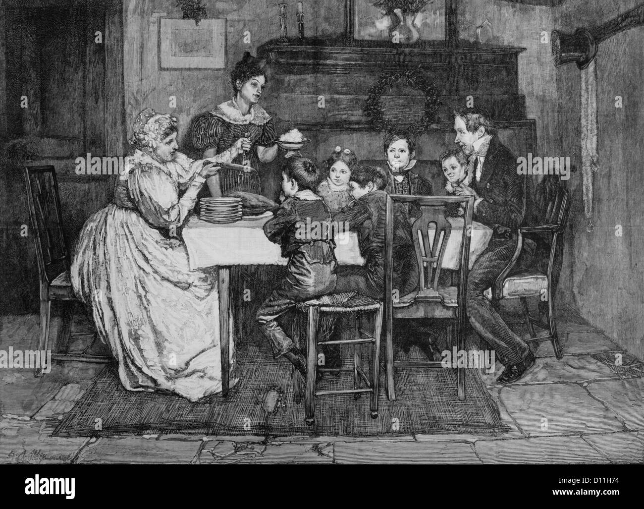 1840s 1843 CHARLES DICKENS CHRISTMAS CAROL BOB CRATCHIT CHRISTMAS DINNER ILLUSTRATION BY EDWIN ABBEY Stock Photo