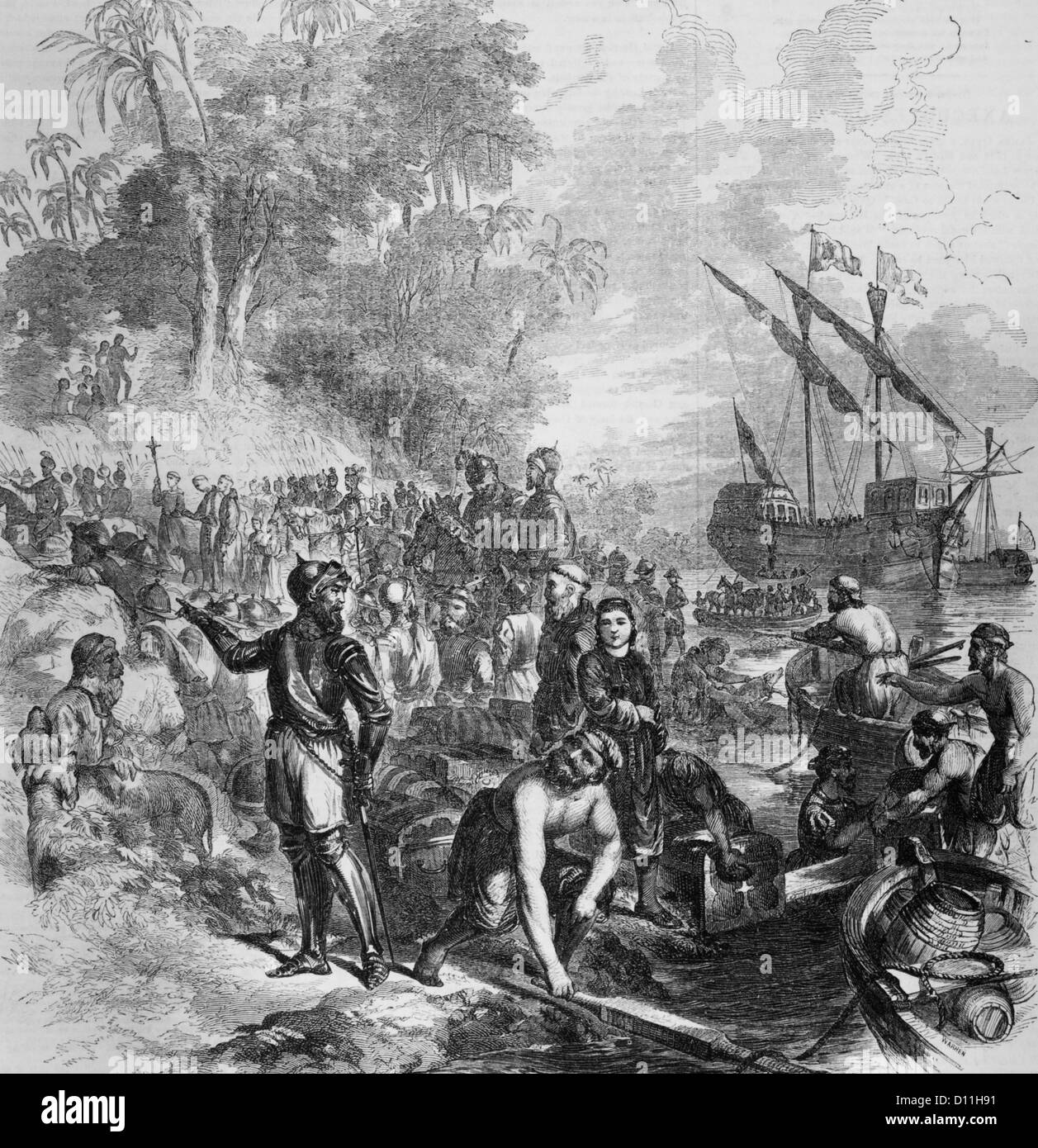 1500s ILLUSTRATION SPANISH EXPLORER HERNANDO DE SOTO LANDING IN FLORIDA MAY 1539 Stock Photo