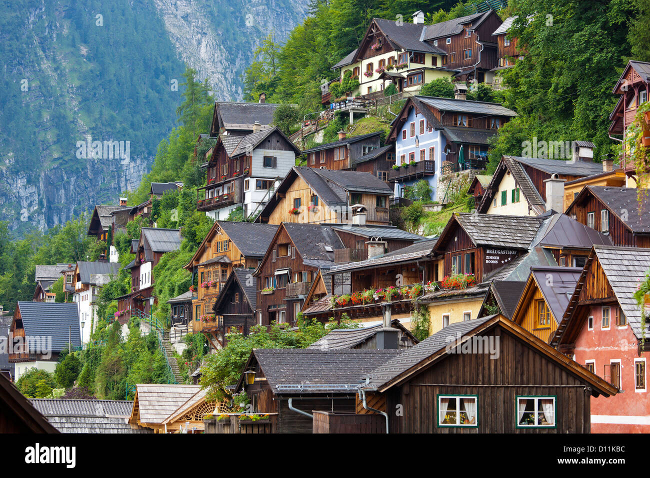 Austria, Upper Austria, Hallstatt, Houses built on mountain Stock Photo