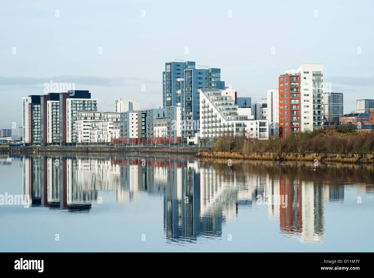 Modern highrise apartment buildings on River Clyde at Glasgow Harbour