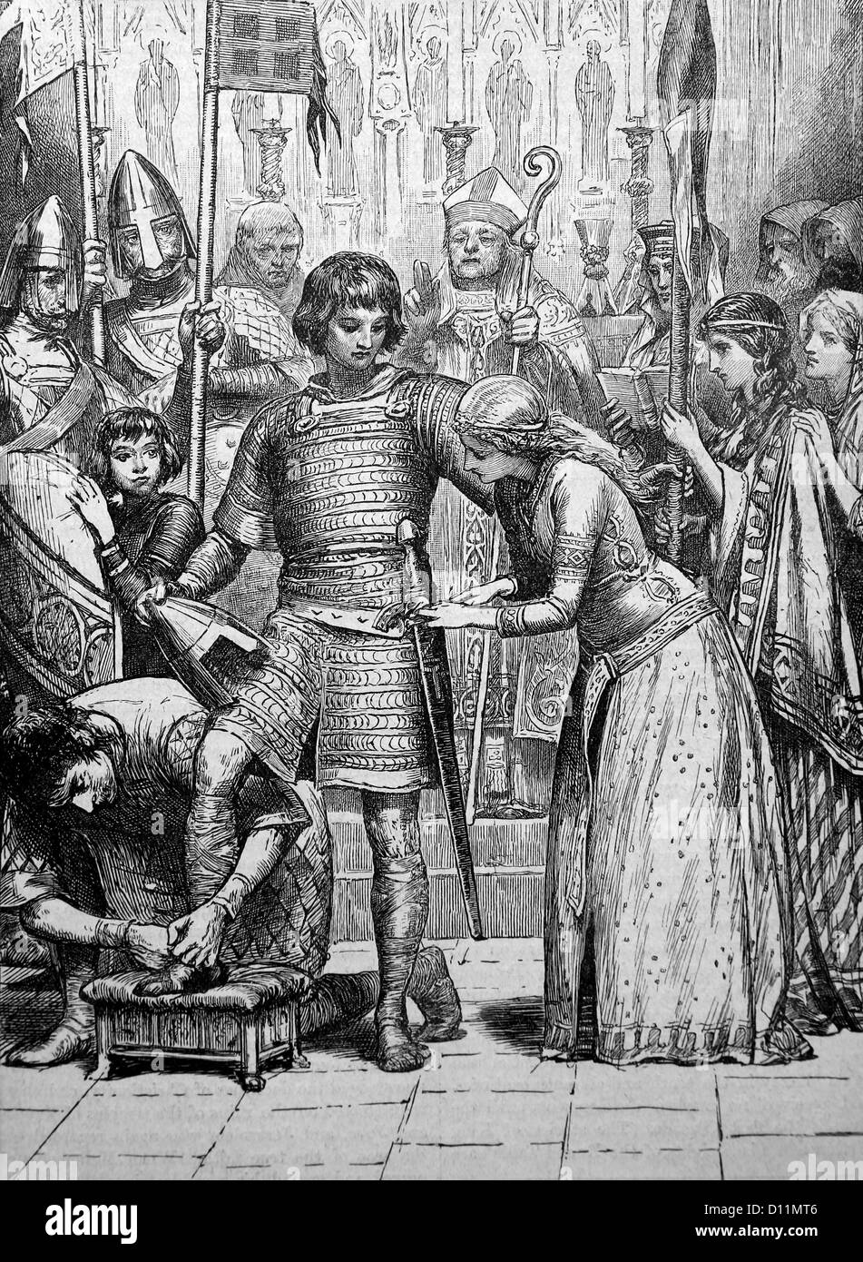 Illustration Of Initiation Into The Order Of Knighthood A Man Buckles On The Spurs And A Lady Armed The Knight Stock Photo