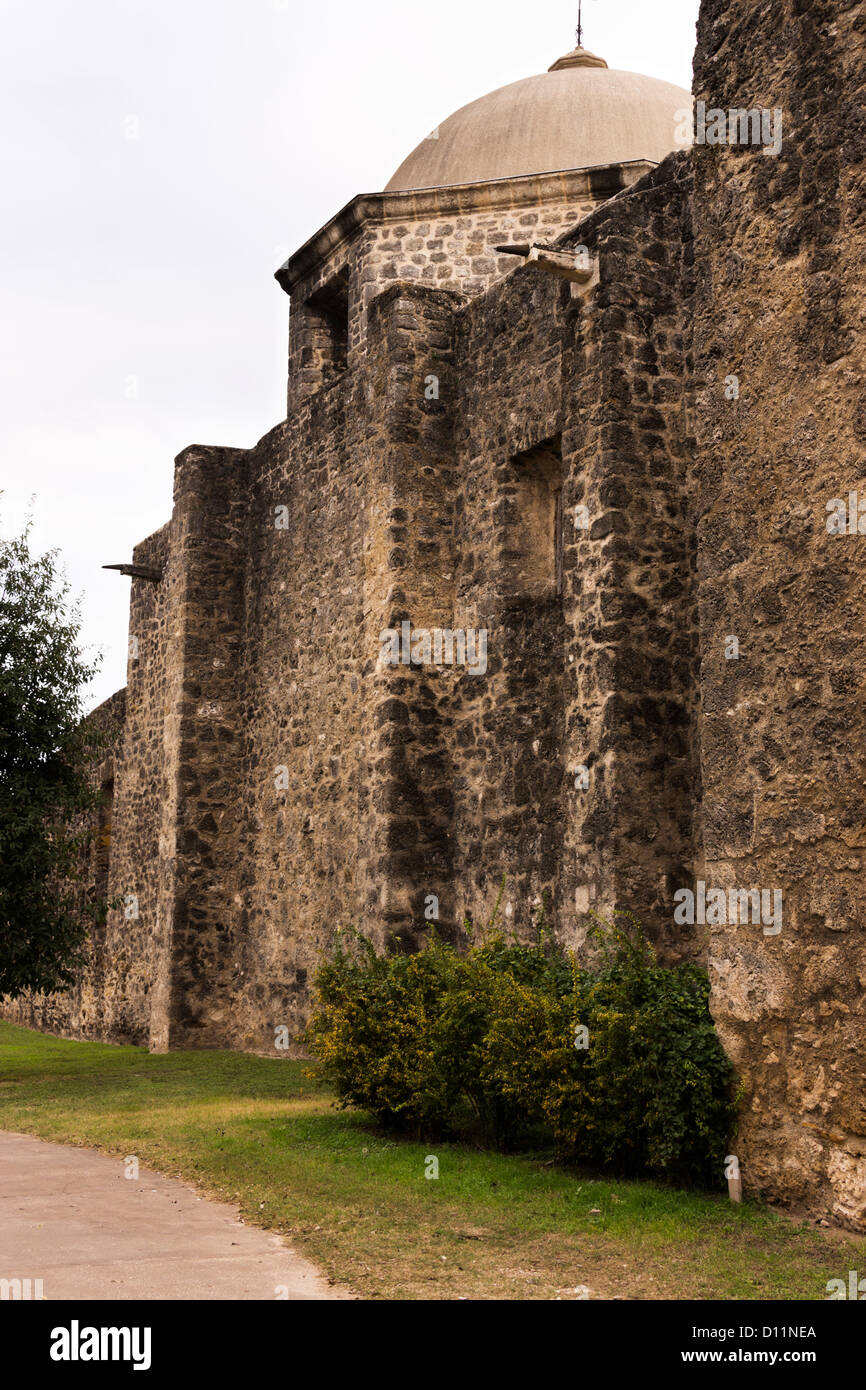 Buttresses supporting an exterior wall at Mission San Jose in San Antonio, Texas Stock Photo