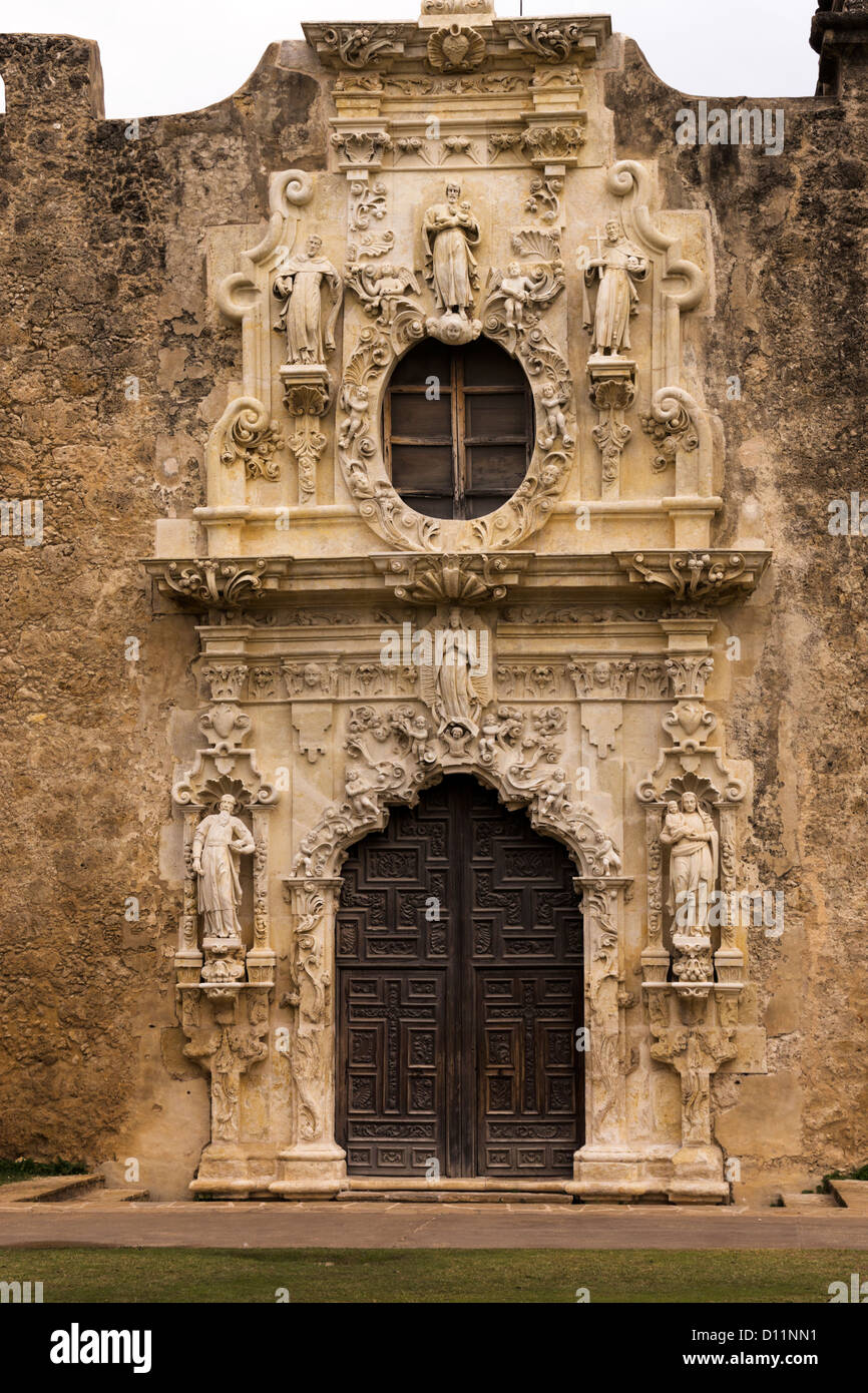 Front door and second level window of the church at Mission San Jose