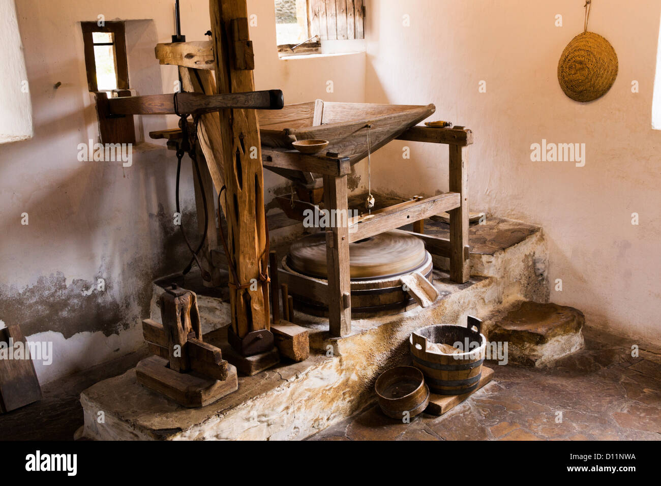 Operating water powered grist mill at Mission San Jose in San Antonio