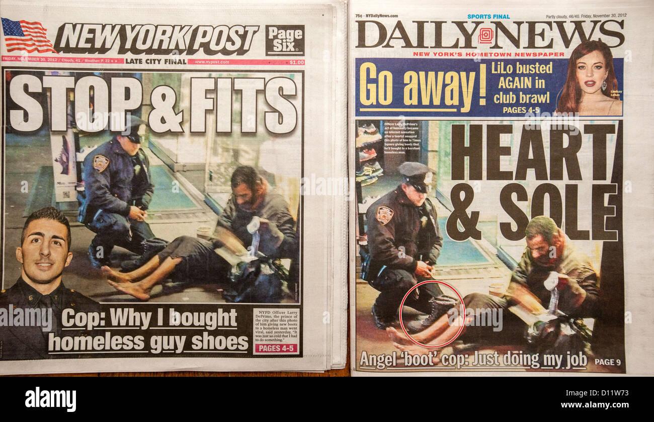 The covers of the New York Post and the New York Daily News report on an NYPD officer purchasing shoes for a homeless man Stock Photo