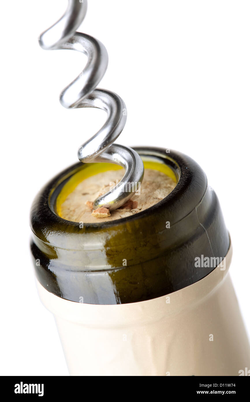 Corkscrew in a wine bottle. Isolated on white background Stock Photo ...