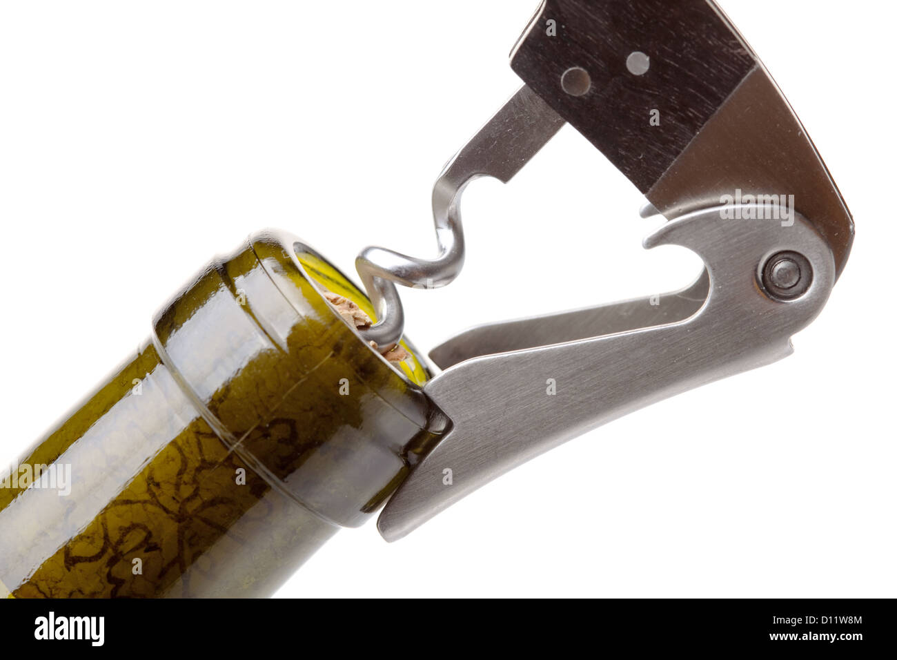 Corkscrew in a wine bottle. Isolated on white background Stock Photo ...