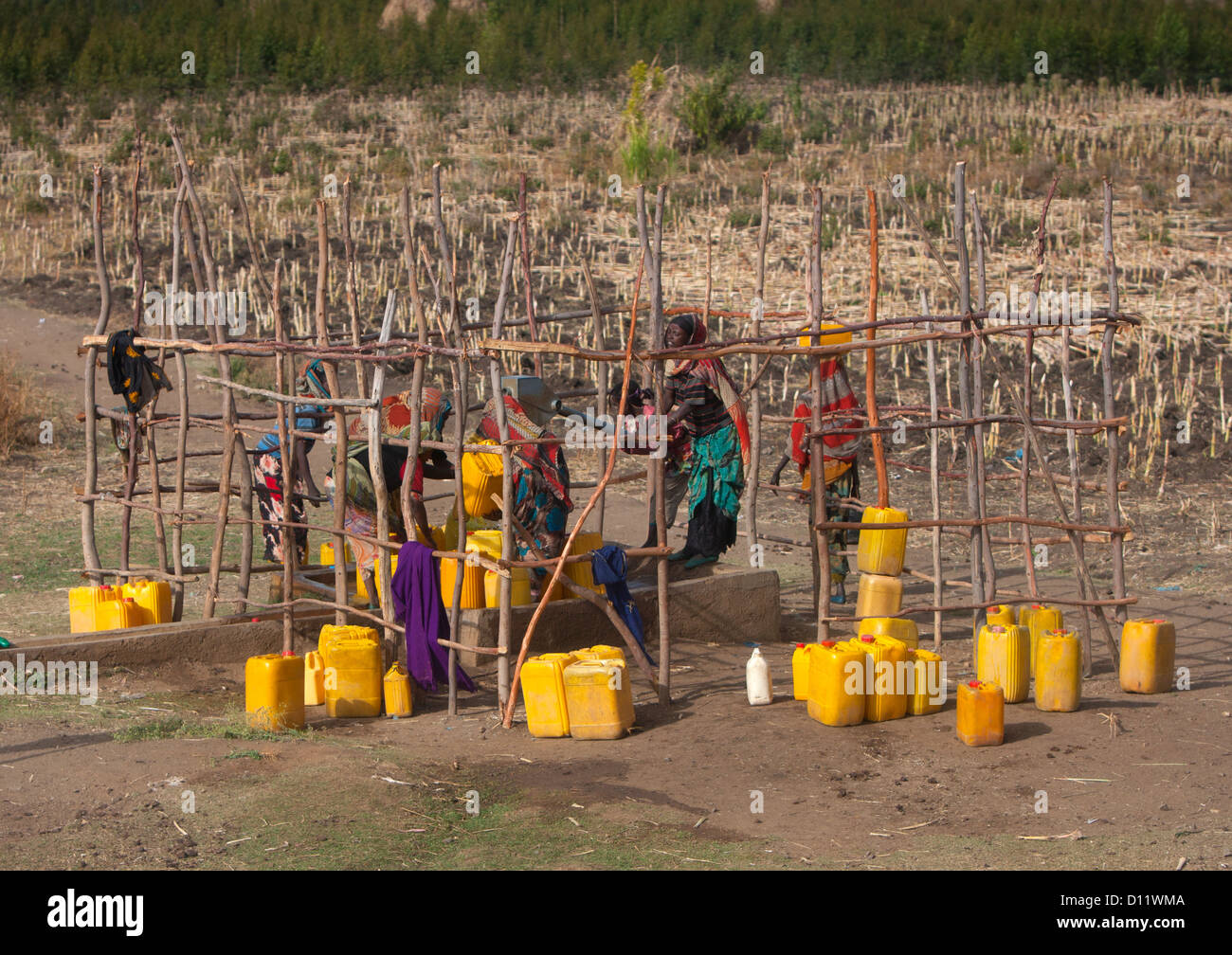 Women Pumping At Water Well In Dire Dawa, Ethiopia Stock Photo