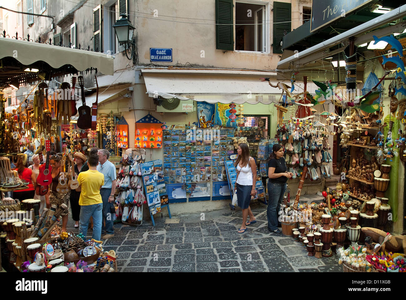Tourist Shopping in Corfu Town, Corfu, Ionian Islands, Greece Stock Photo