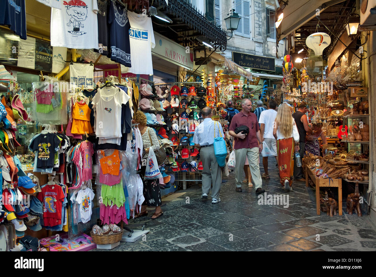 Tourist Shopping in Corfu Town, Corfu, Ionian Islands, Greece Stock Photo