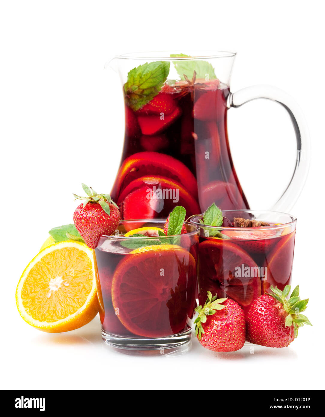 Cocktail collection Refreshing fruit sangria in jug and two glasses