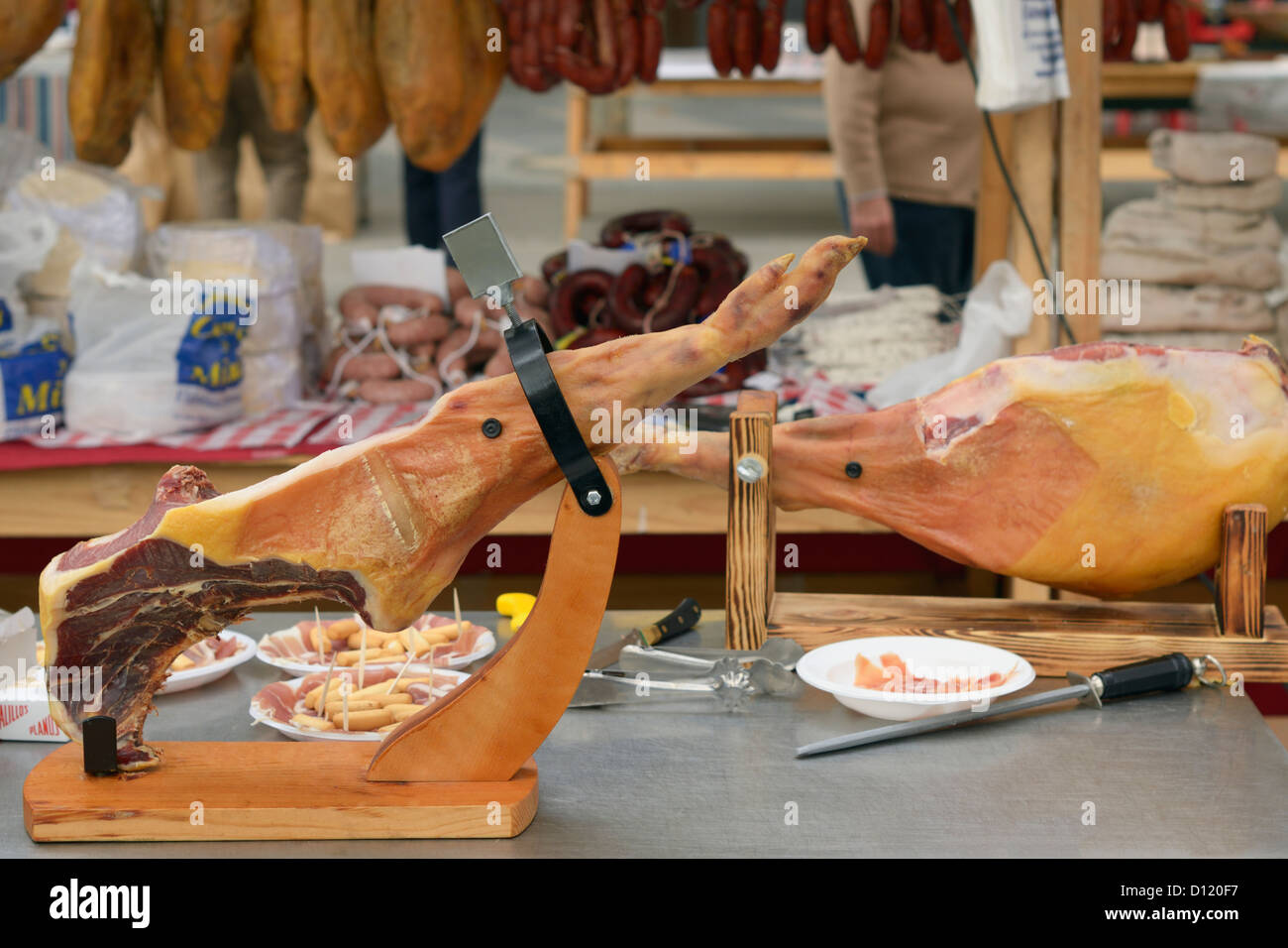 Jamon Serrano DryCured Spanish Ham On A Stand At The Ham And Cheese