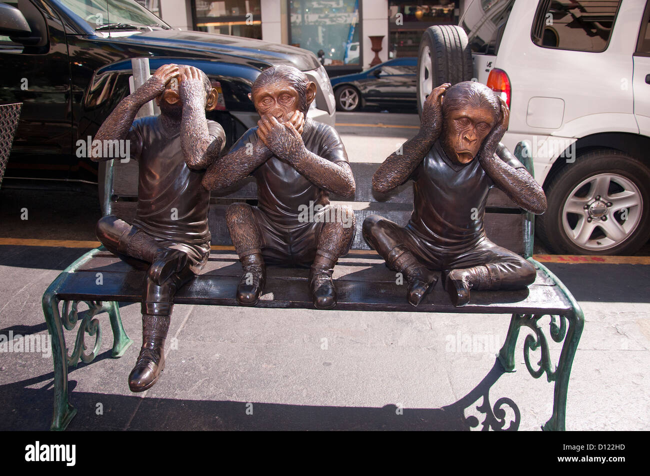 3 wise monkeys statue in Chinatown in San Francisco California USA