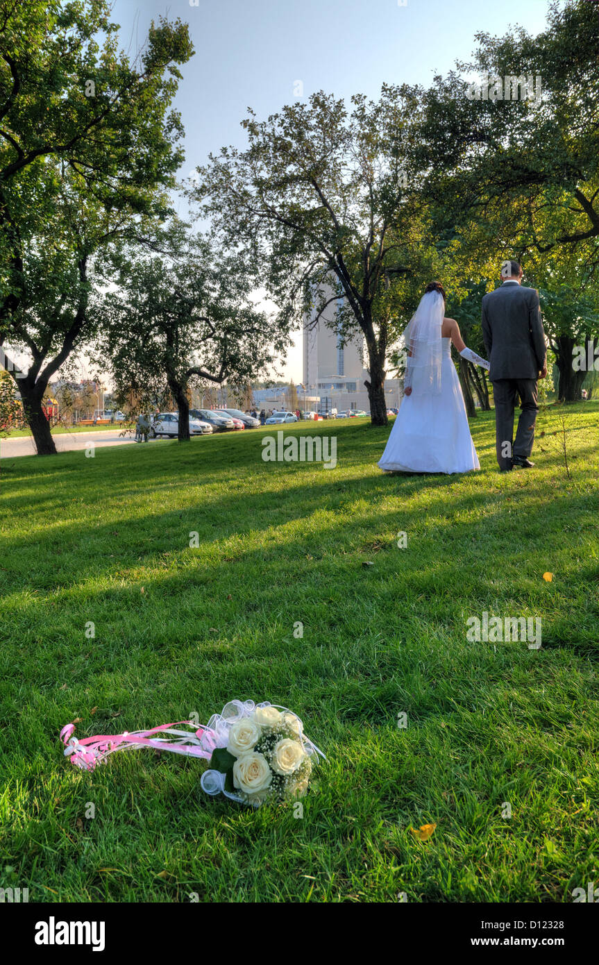 The bride and groom go to the park among the trees Stock Photo - Alamy
