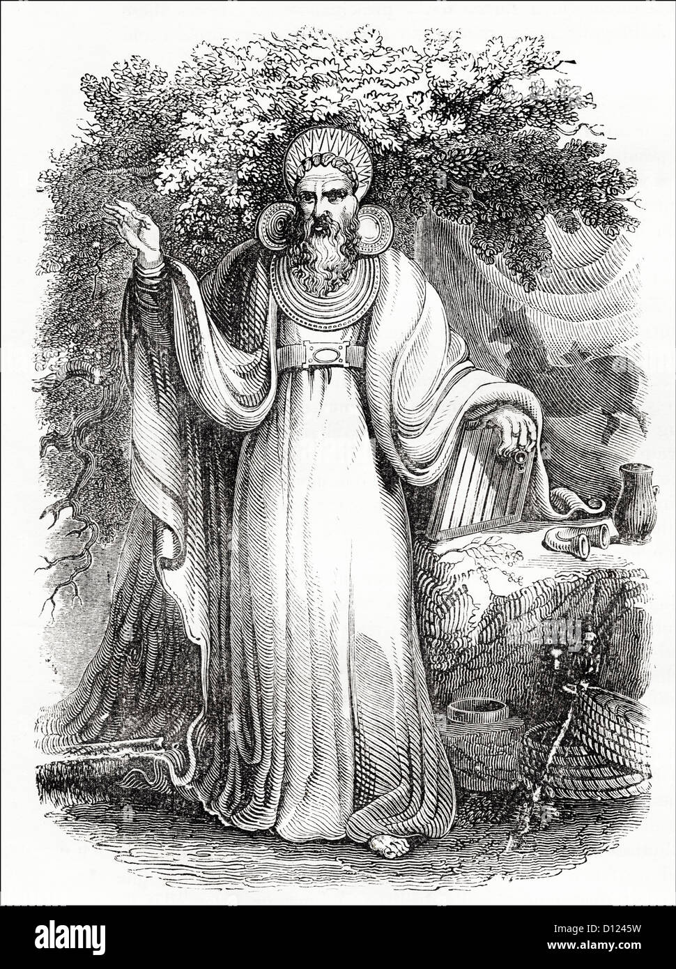 Archdruid in full ceremonial costume. Victorian woodcut engraving circa 1845. Stock Photo