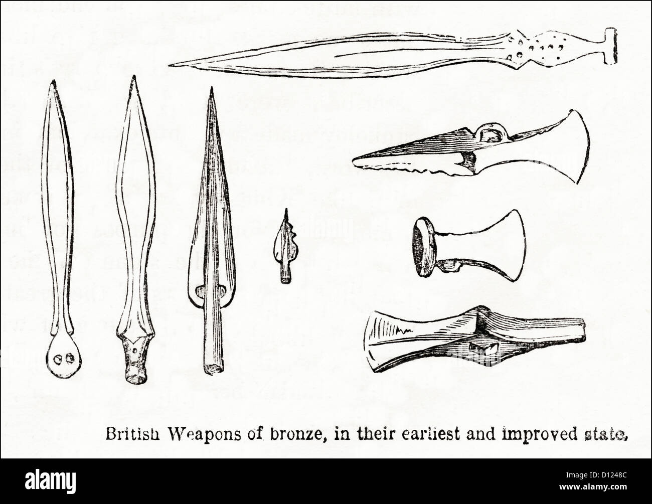 British Bronze Age weapons and tools. Victorian woodcut engraving circa 1845 Stock Photo