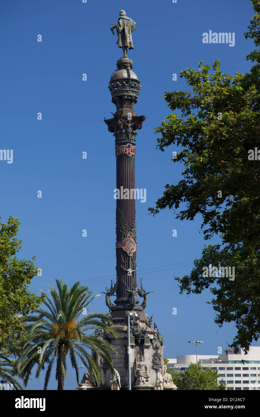 The Columbus Monument is a 197 foot monument in honour of Christopher Columbus in Barcelona Spain Stock Photo