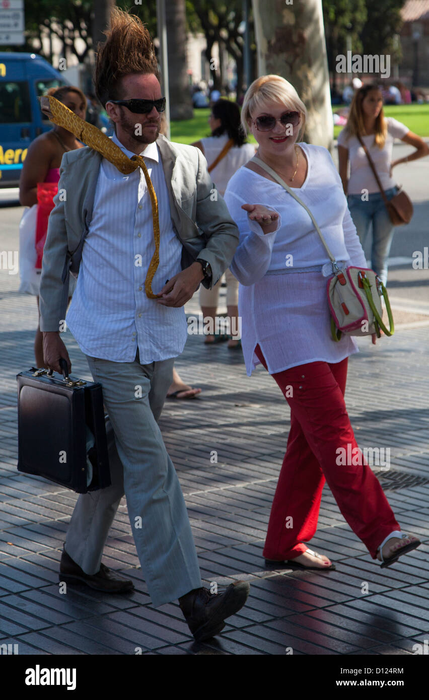 Street performers entertaining tourists on La Rambla in Barcelona Spain Stock Photo