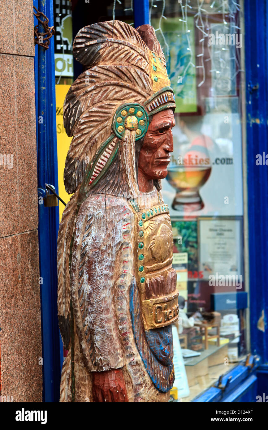 Wood carving of a Native American outside a shop, Royal Mile, Edinburgh