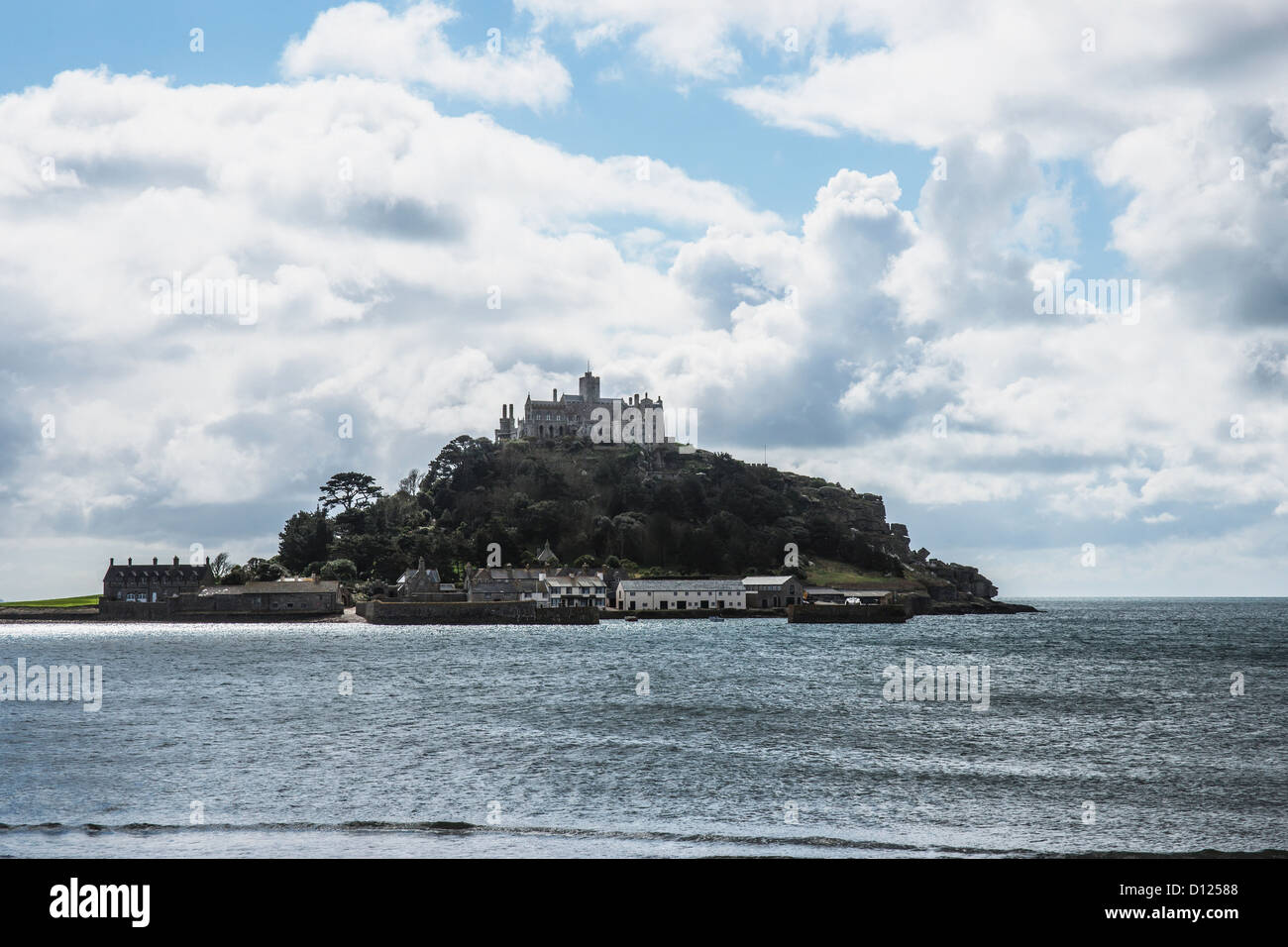 Aerial view of the stunning St. Michael's Mount in Cornwall, UK from the sea/southern elevation