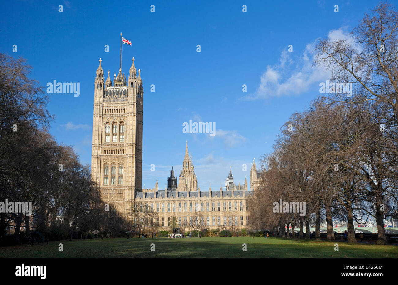 Victoria Tower Gardens and the Palace of Westminster (aka the Houses of Parliament) in the background, London, England, UK Stock Photo