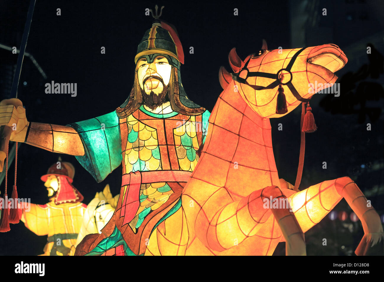 Illuminated sculptures of ancient Korean warriors on display in Chinatown, Singapore Stock Photo