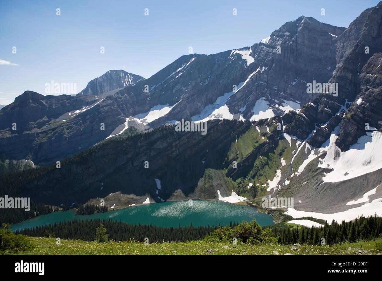 Mountain Lake Surrounded By Mountains With Snow From On Top Of A Wildflower Mountain Meadow; Kananaskis Provincial Park, Alberta Stock Photo