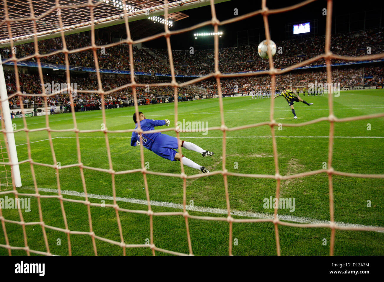 Seville, Spain, the player hits 11-meter shot Stock Photo