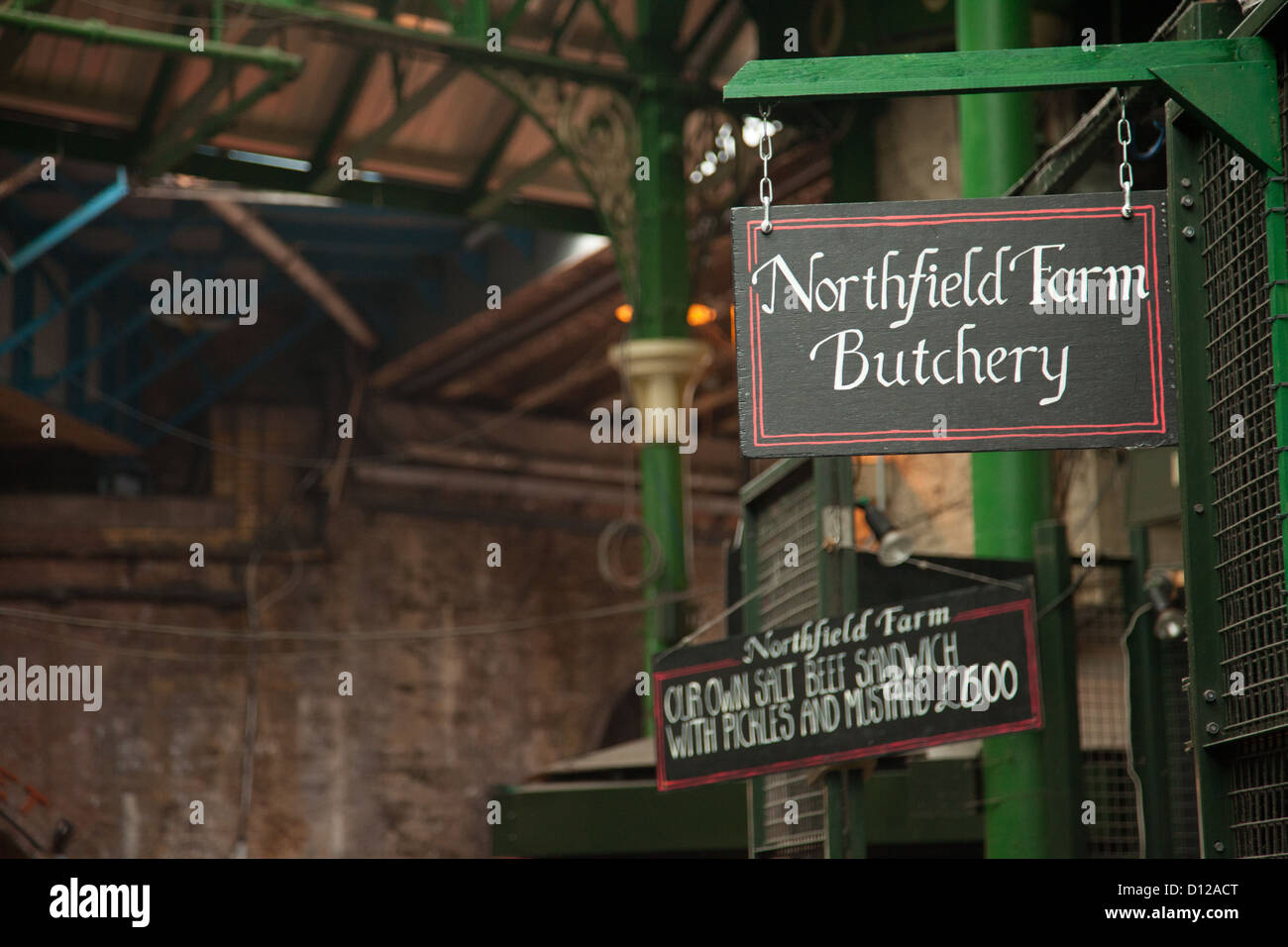 Market Signs, Hanging sign in market, signage, Butchers Stock Photo