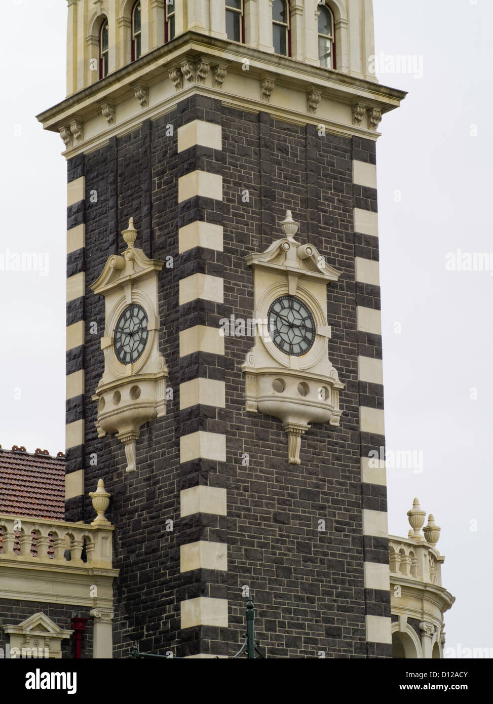 The clocktower of the famous Dunedin Railway Station; Dunedin, Otago, New Zealand. Stock Photo