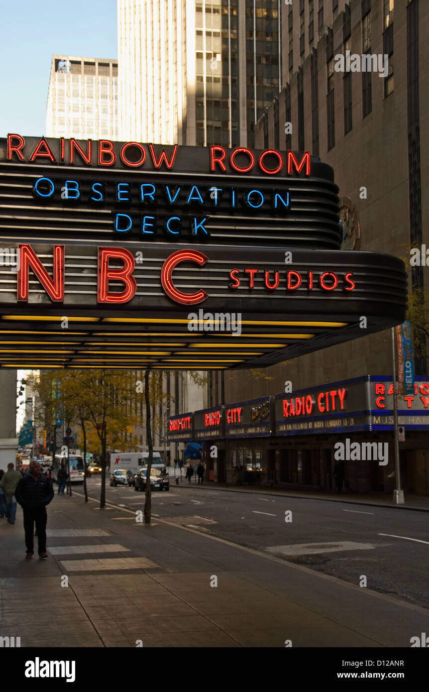 rockefeller center outside of nbc studios with radio city music hall in the background Stock Photo