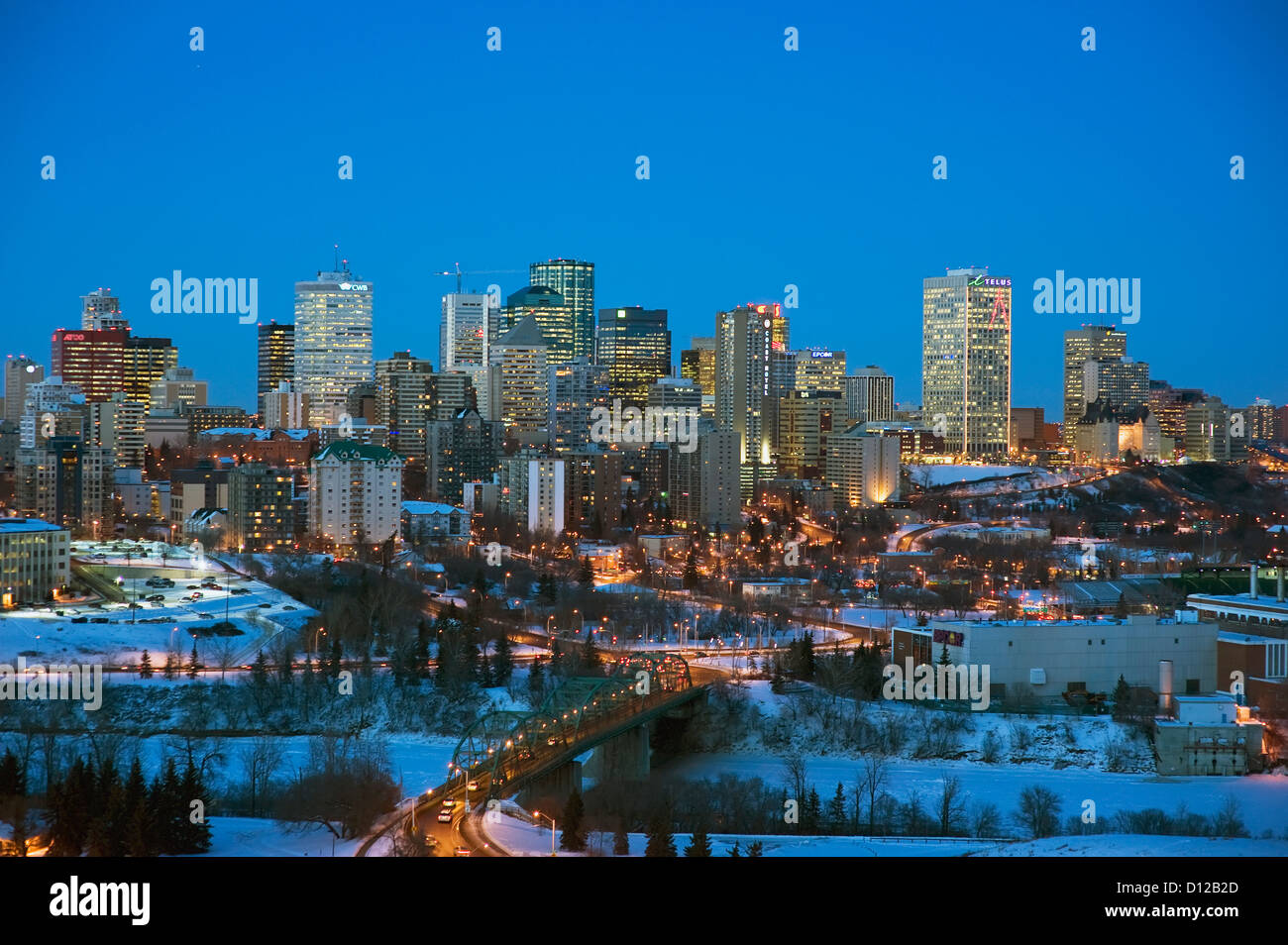Skyline Of Edmonton With Lights Illuminating Buildings And Bridge; Edmonton Alberta Canada Stock 