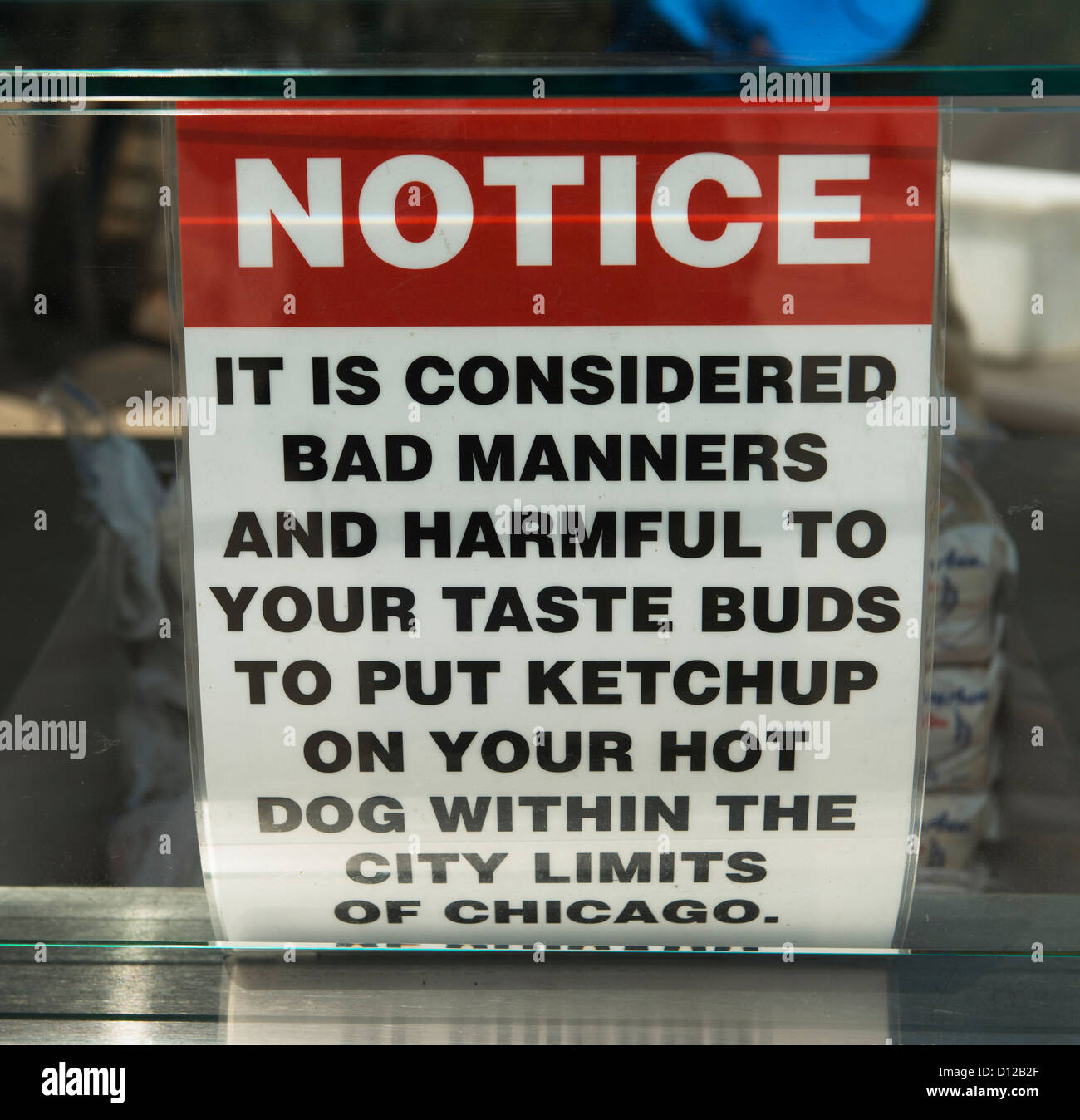 Humorous Sign About The Use Of Ketchup On Hot Dogs; Chicago Illinois United States Of America Stock Photo