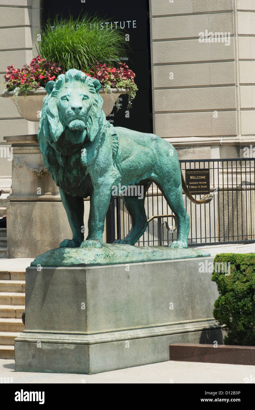 Lion Statue On A Pedestal In Front Of The Art Institute; Chicago
