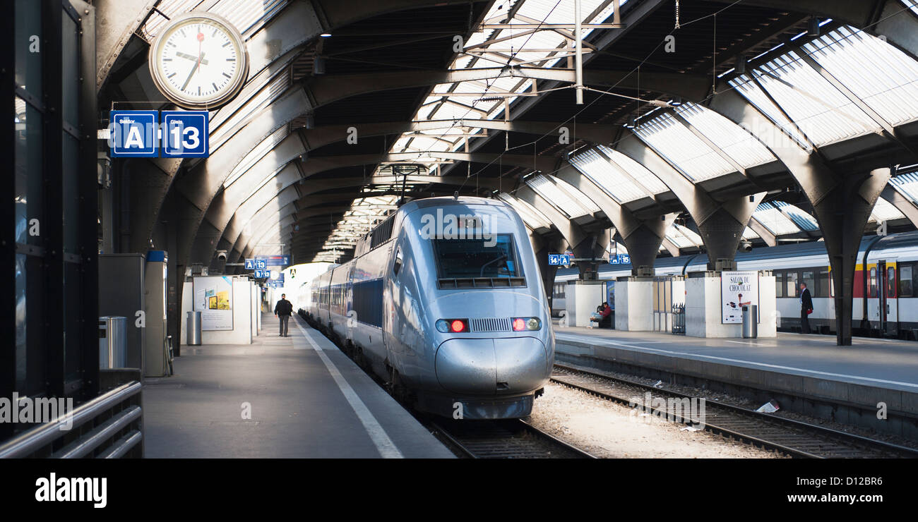 Passengers On The Platform At The Train Station; Zurich Switzerland Stock Photo