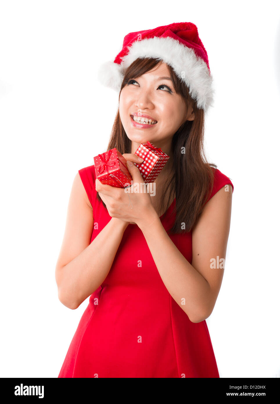 asian girl with a present box during christmas,isolated on white Stock ...