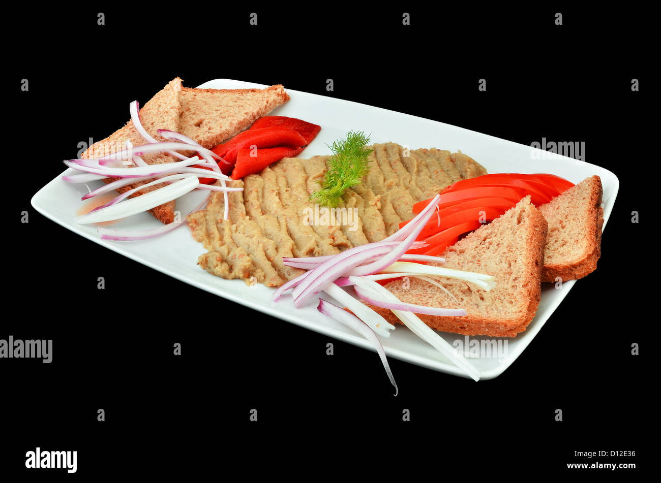 Fresh eggplant salad with bread, tomato and onion Stock Photo