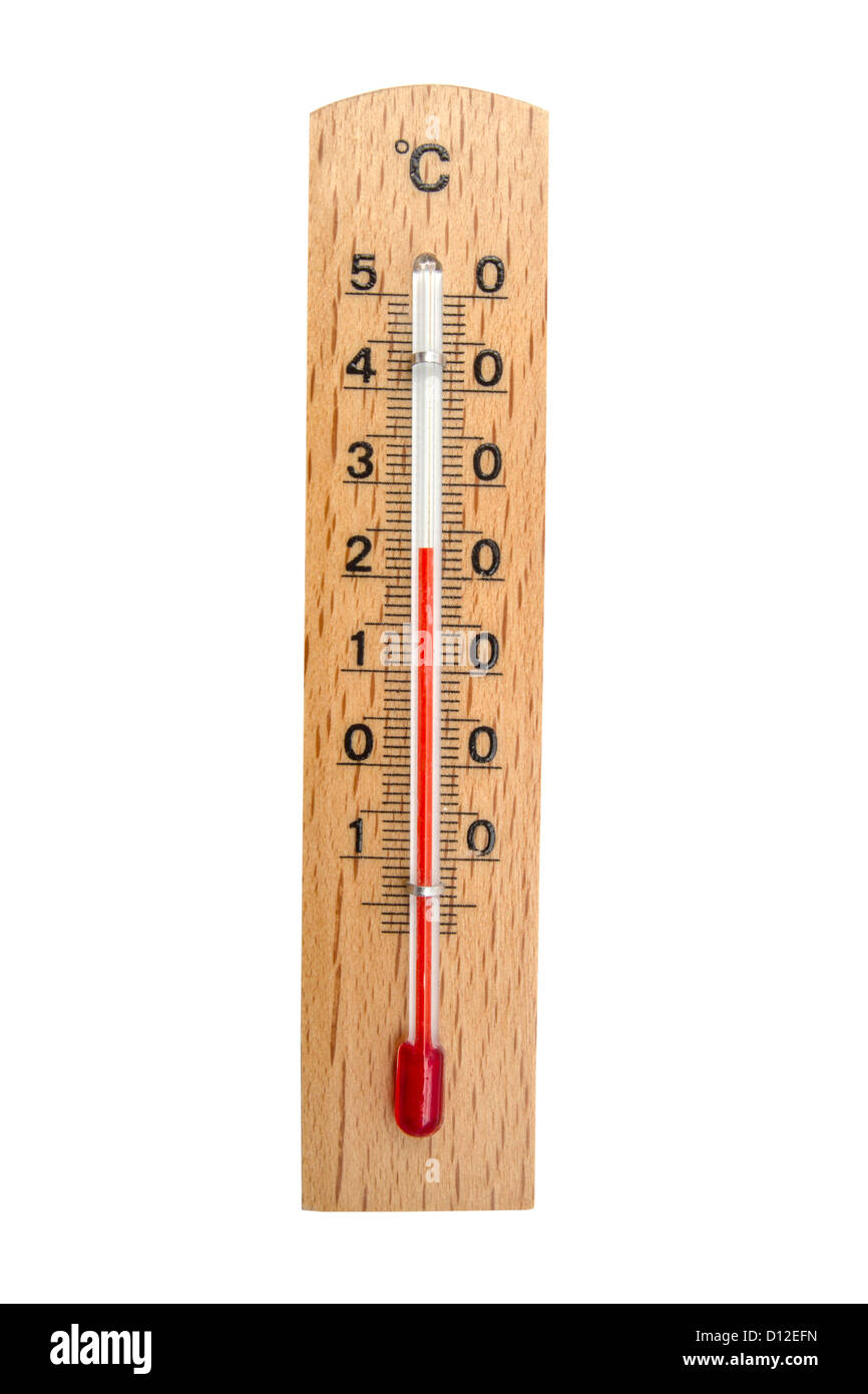 Wooden thermometer closeup on white background Stock Photo